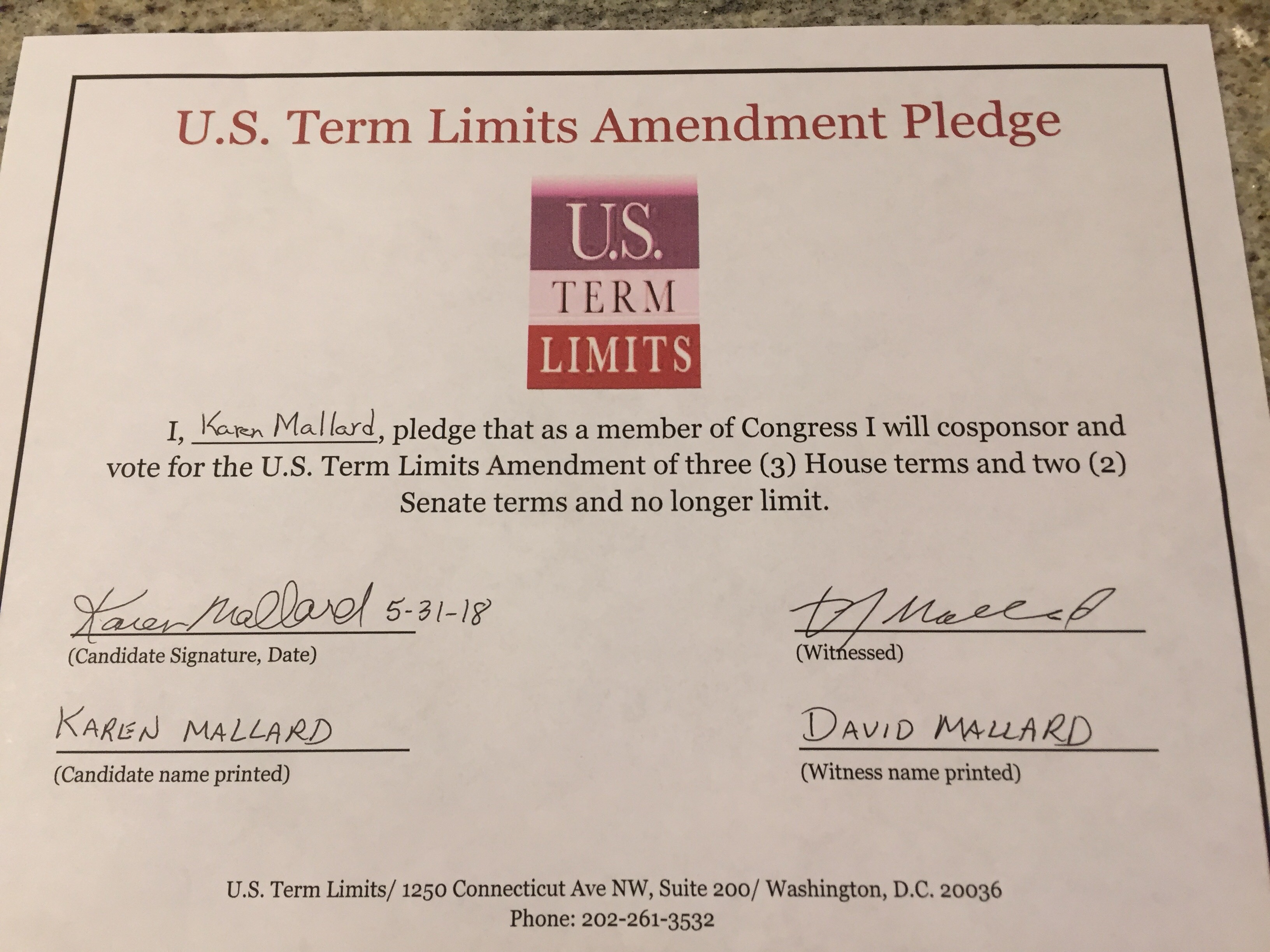 Us Term Limits Praises Karen Mallard For Signing Term Limits Pledge Us Term Limits 6292