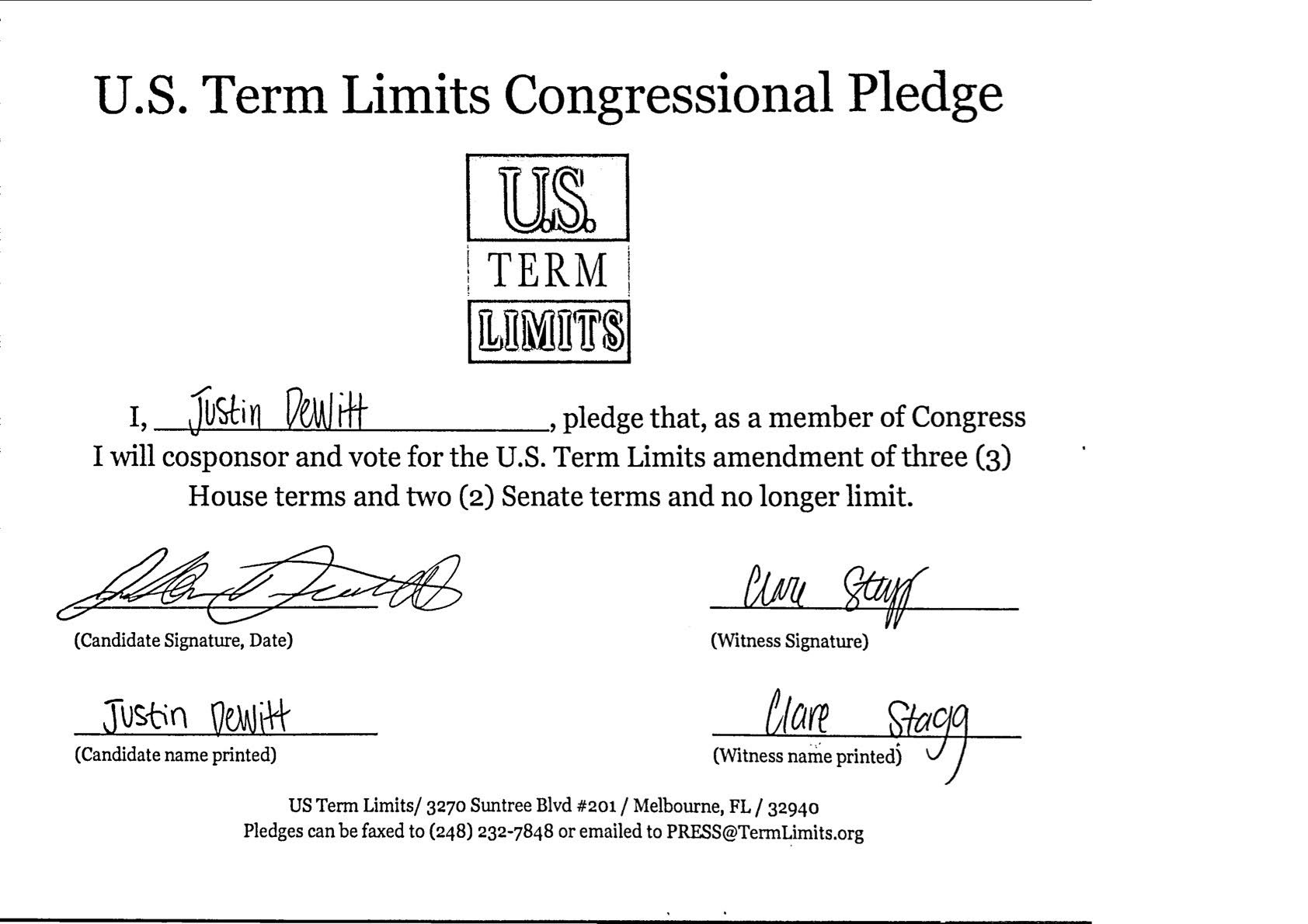 Us Term Limits Praises Justin Dewitt For Signing Term Limits Pledge Us Term Limits 0197