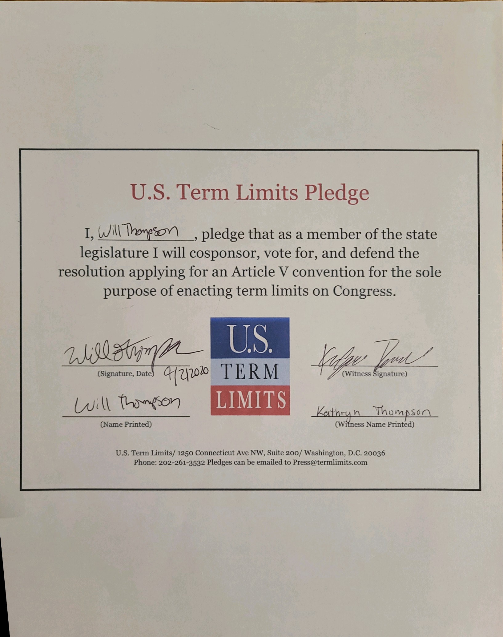 Will Thompson Pledges To Support Congressional Term Limits Us Term Limits 6277