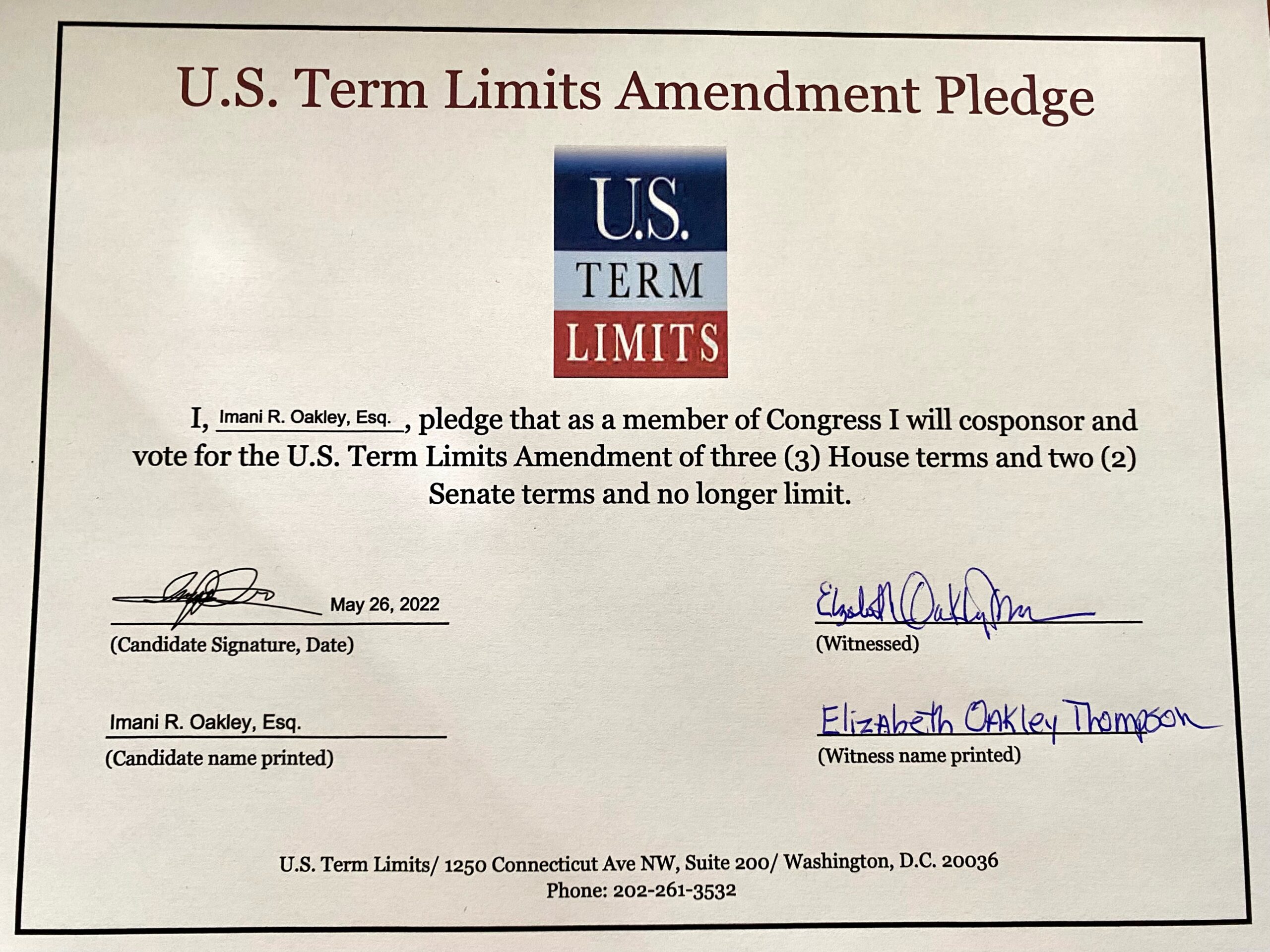 Imani Oakley Pledges to Support Term Limits on Congress . Term Limits