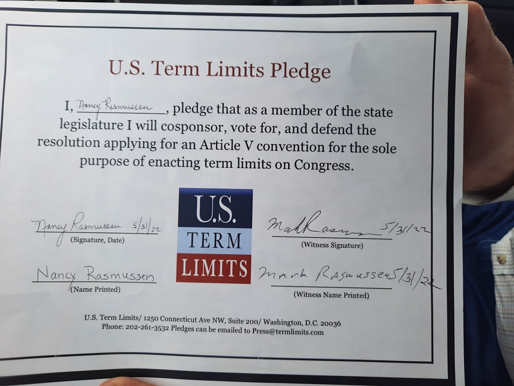 Nancy Rasmussen Pledges to Support Congressional Term Limits U.S
