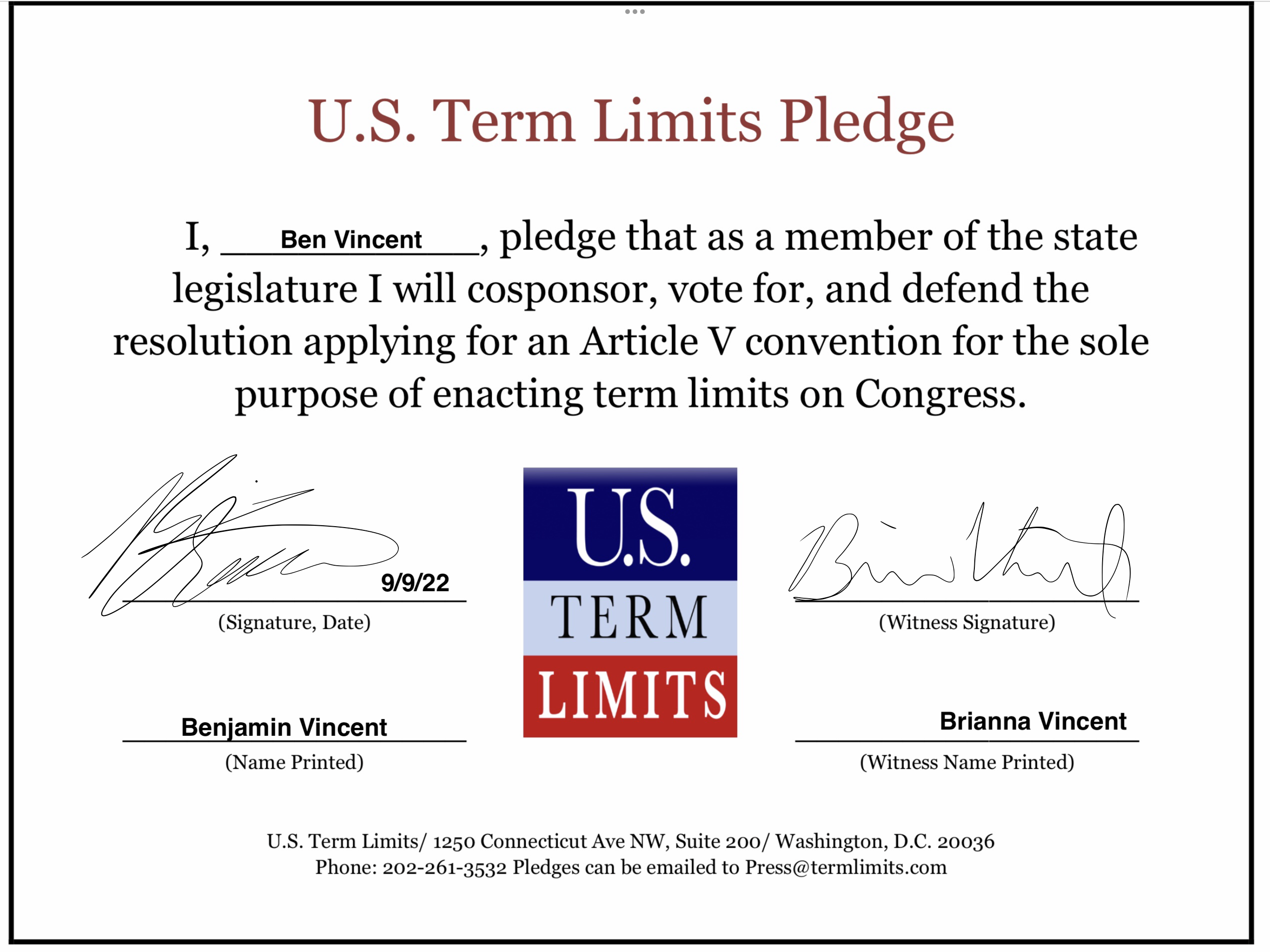 Ben Vincent Pledges To Support Congressional Term Limits - U.S. Term Limits