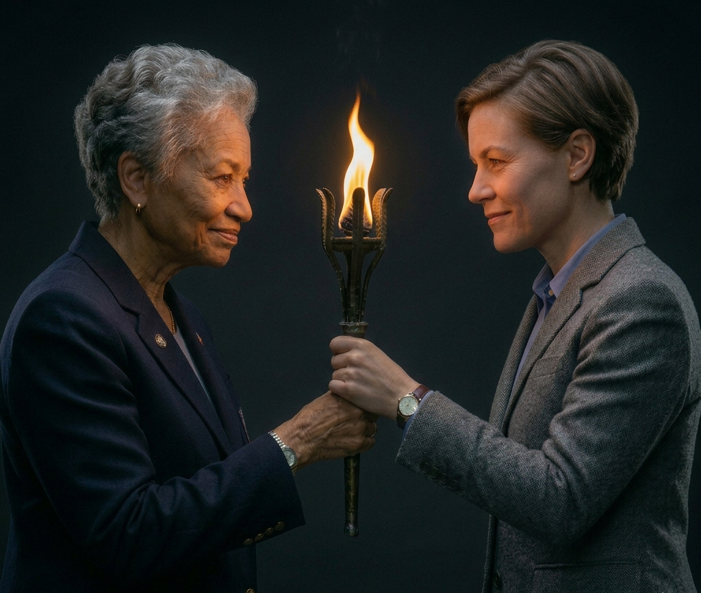 A woman in leadership passing the torch to a newly elected representative
