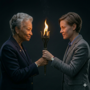 A woman in leadership passing the torch to a newly elected representative